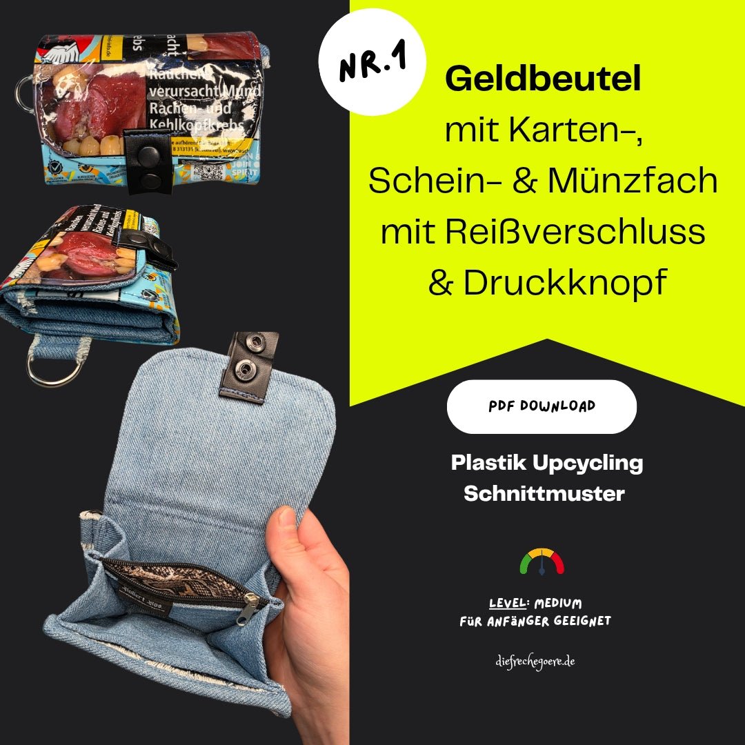 PDF Schnittmuster | Plastik Upcycling Geldbeutel mit Karten - , Schein - & Münzfach mit DIY Nähanleitung (medium, gratis) - DIE FRECHE GÖRE