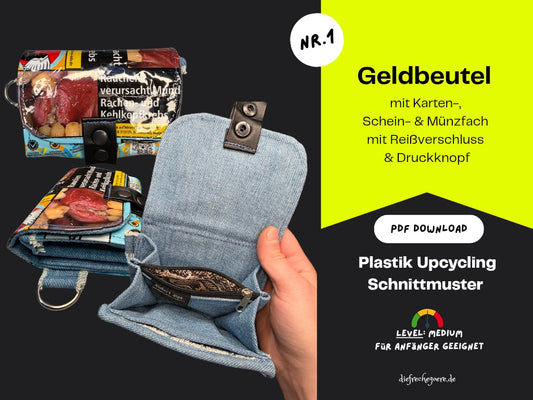 Plastik Upcycling Geldbeutel mit Karten-, Schein- & Münzfach Schnittmuster & Nähanleitung (medium, gratis)
