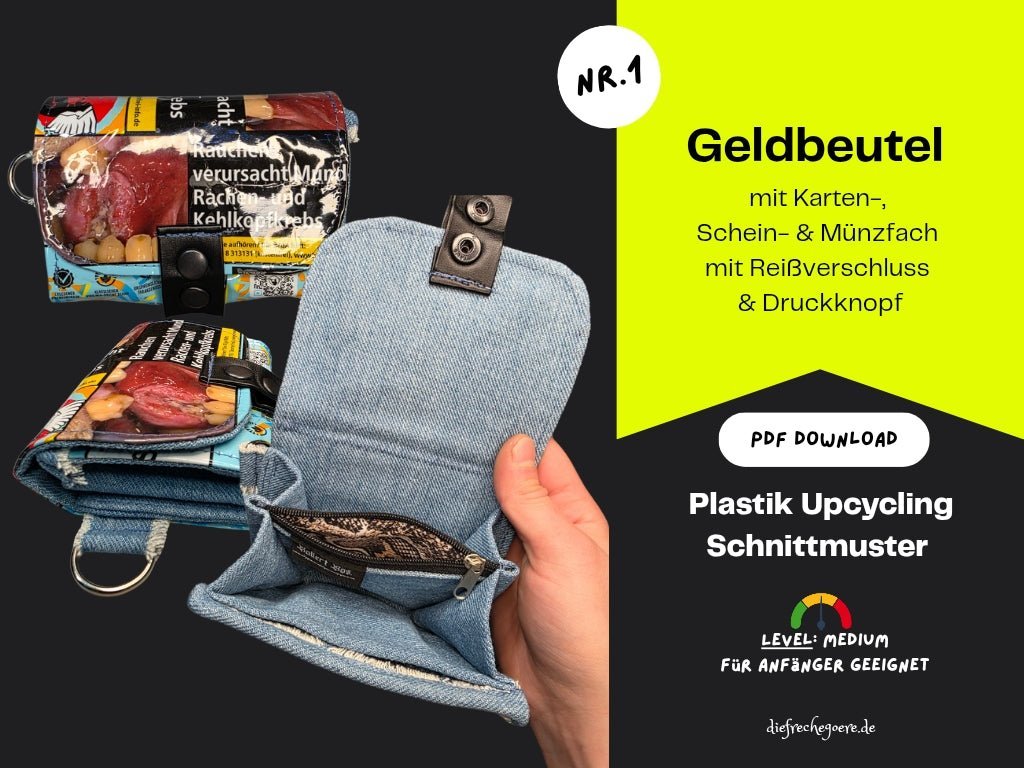 Plastik Upcycling Geldbeutel mit Karten-, Schein- & Münzfach Schnittmuster & Nähanleitung (medium, gratis) - DIE FRECHE GÖRE