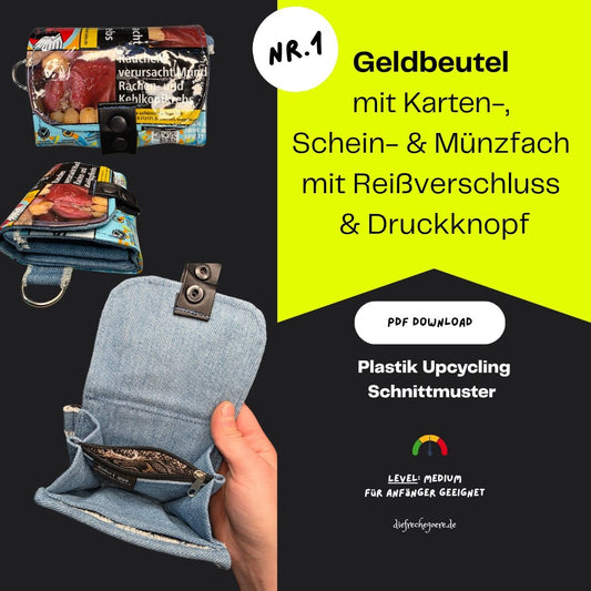 PDF Schnittmuster | Plastik Upcycling Geldbeutel mit Karten - , Schein - & Münzfach mit DIY Nähanleitung (medium, gratis) - DIE FRECHE GÖRE