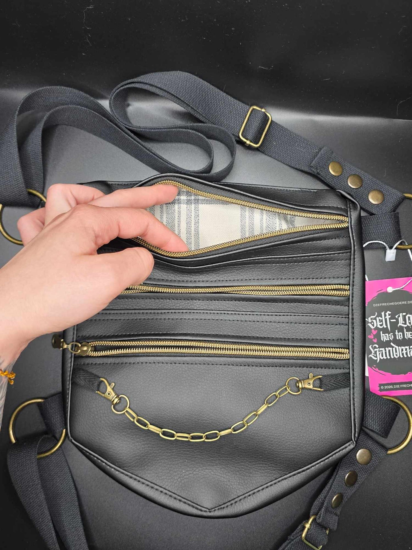 LB3.1 Leg Bag, black faux leather, bronze