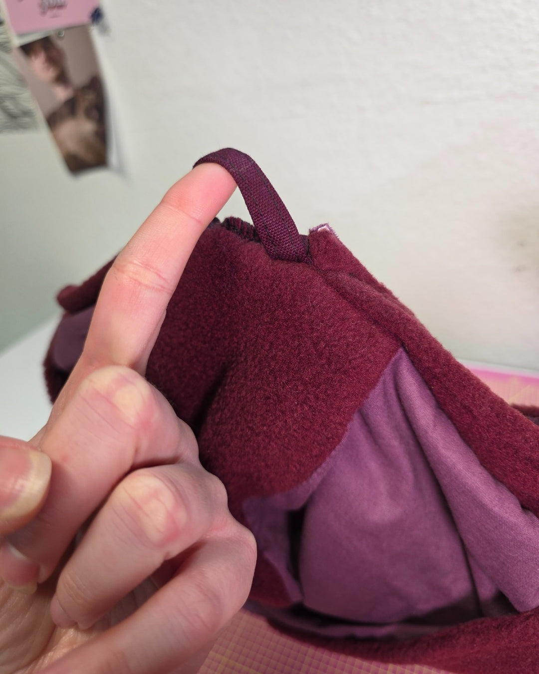 2.1 Bunny Hood, red fleece, white teddy spiral, puffy ears