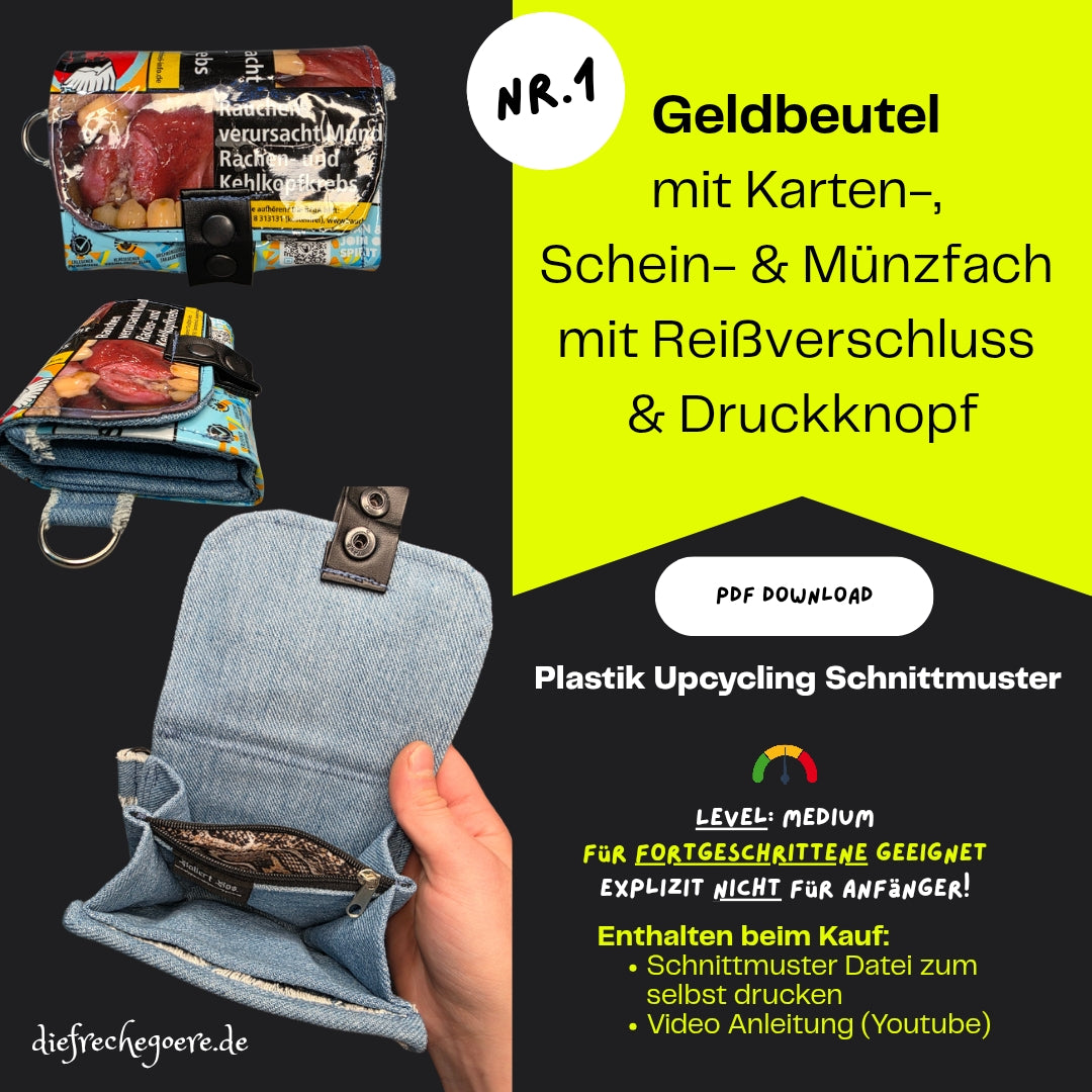 PDF Schnittmuster | Plastik Upcycling Geldbeutel mit Karten-, Schein- & Münzfach mit DIY Nähanleitung (medium)