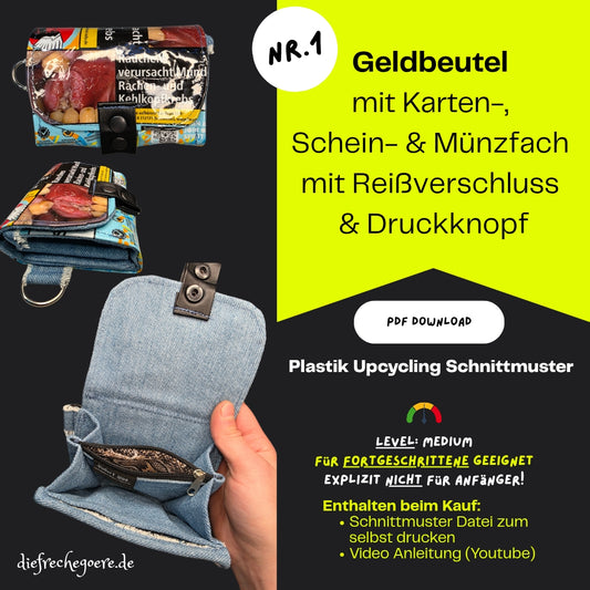 PDF Sewing Pattern | Plastic Upcycling Wallet with Card, Note &amp; Coin Compartment with DIY Sewing Instructions (medium, free)