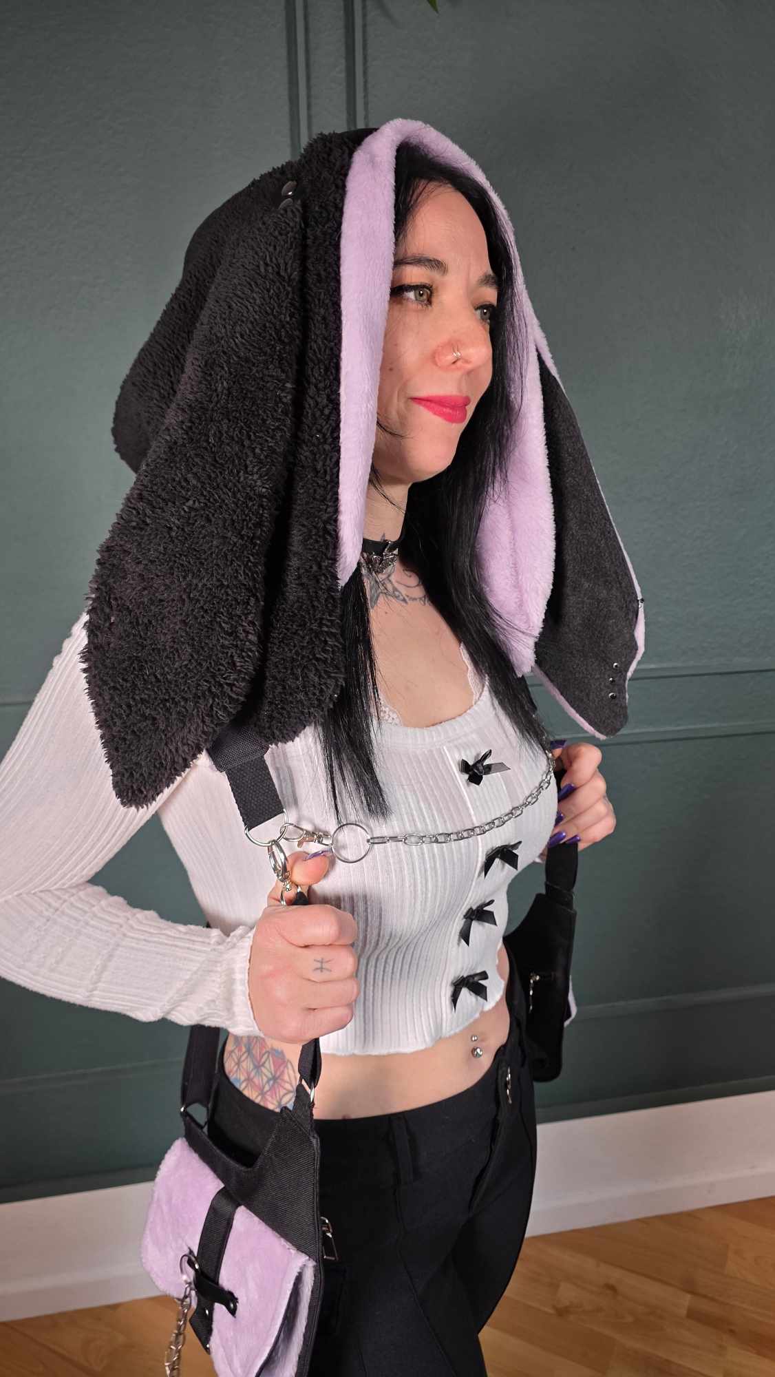 AB1.3 Pierced Bunny Holster Bag, lilac/black reversible Hood