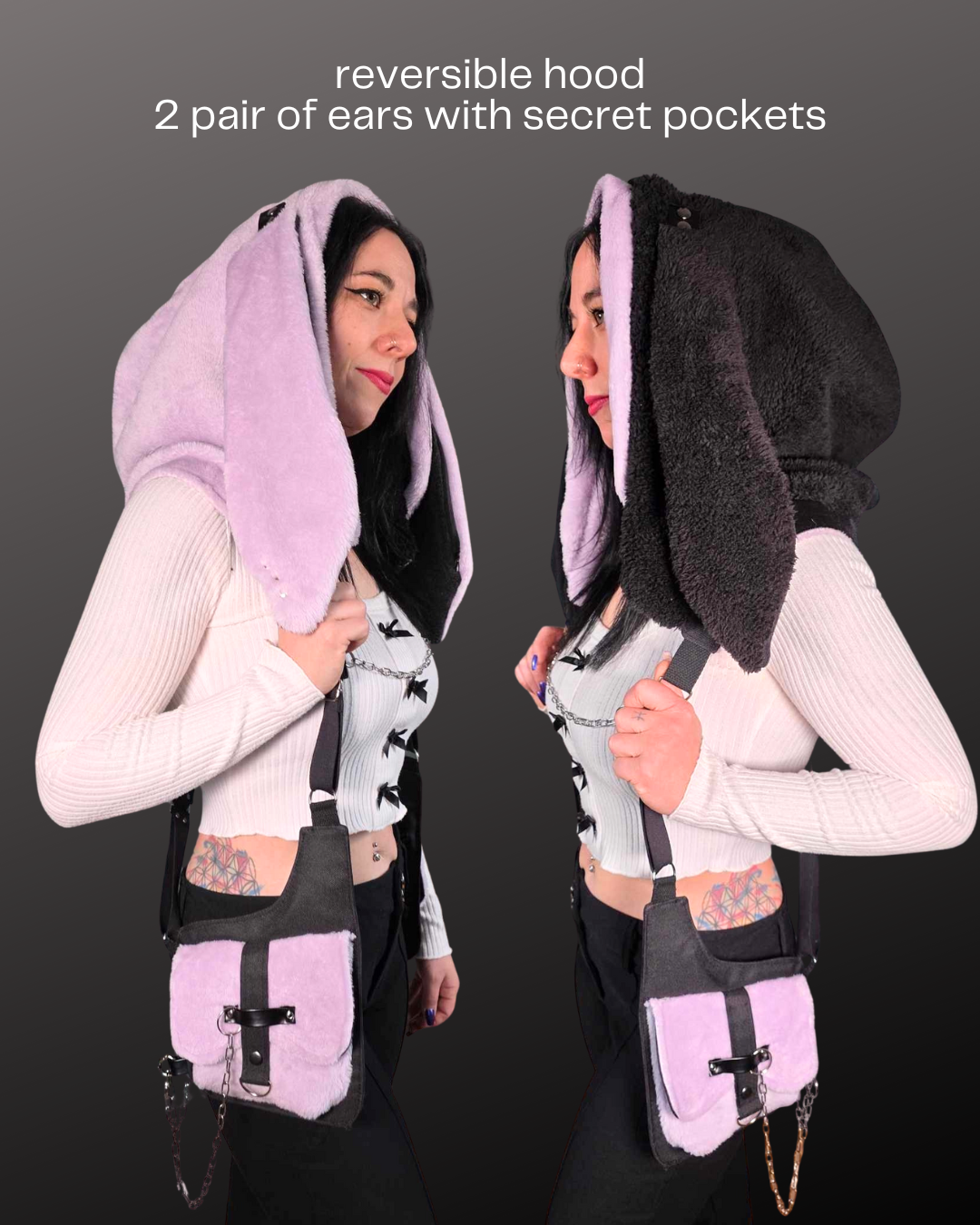 AB1.3 Pierced Bunny Holster Bag, lilac/black reversible Hood
